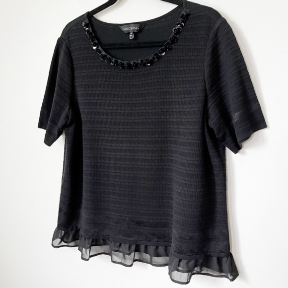 Ming Wang Ruffle Floral Sequin Embellished Short Sleeve Top Black Womens Medium - Picture 2 of 10